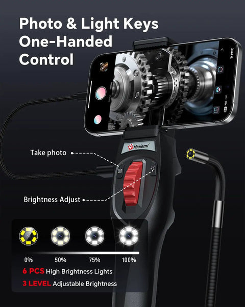 2 Way Articulating Borescope With Light For Phone Endoscope Camera, handheld control with LED brightness buttons and probe on phone