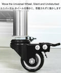 Close-up of a stainless steel caster wheel on a commercial mop holder with movable broom rack and cleaning tool organizer.