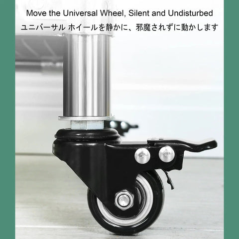 Close-up of a wheel on the On The Go Stainless Steel Mop Holder And Cleaning Tool Organizer Cart With Drip Tray for garages and hotels.