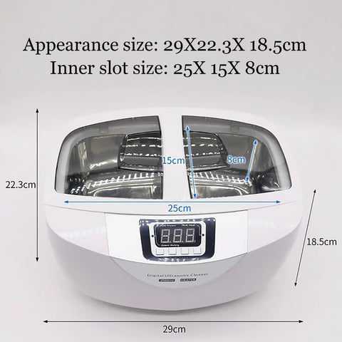 Slick 2.5L Digital Ultrasonic Cleaner With 40Khz Power And Digital Timer showing dimensions 29x22.3x18.5cm and inner slot sizes.