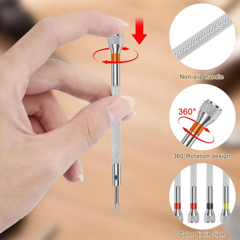 Hand holding tool from 39 Piece Pro Grade Precision Watch Screwdriver Set With Flat And Cross Head Micro Drivers From 0.6 mm To 2.0 mm High Hardness Steel Jeweler Tools For Watches Glasses Jewelry Electronics Repair