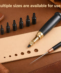 Slick Adjustable Leather Hole Punch With Solid Wood Handle Awl, Six Heavy Duty Steel Bits Spanning 1.5 Through 4mm for crafting.