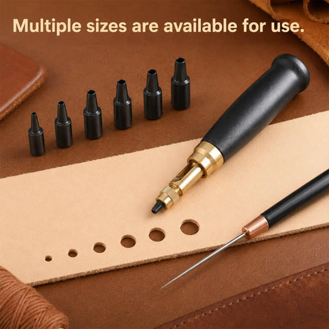 Slick Adjustable Leather Hole Punch With Solid Wood Handle Awl, Six Heavy Duty Steel Bits Spanning 1.5 Through 4mm for crafting.