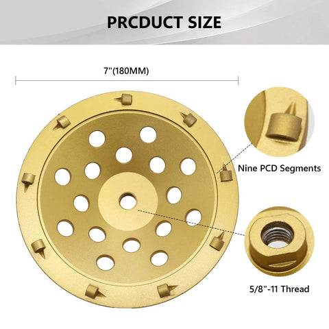 7 Inch PCD Grinding Cup Wheel With 9 Segments For Epoxy Thinset Glue And Concrete Floor Surface Coating Removal On 5/8-11 Threaded Shank Heavy Duty Diamond Cup, shown with detailed segment view.
