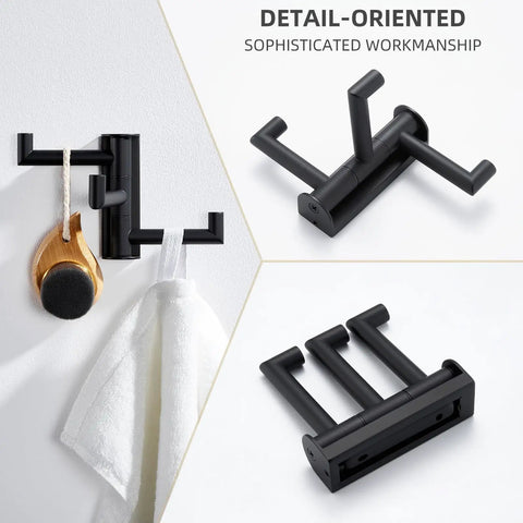 Super Slick Swivel Towel Hook With Three Turning Arms Matte Black Wall Mount Coat Rack mounted with towel and brush
