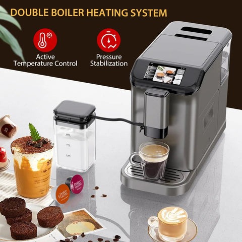 Super Automatic Espresso Machine With Built In Burr Grinder And 20 Bar High Pressure Auto Milk Frother Compact Countertop Brew Setup For Smooth Lattes And Cappuccinos Daily Grind with double boiler system and coffee cups.