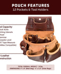 Open view of Left Handed 3 Pouch Pro Tool Bag With Tape Holder 11 Pockets And Tool Holders Heavy Duty Carpenters Organizer For Hammer Level Pencils And Tape Measures Made In USA, showing pockets and tool capacity description.
