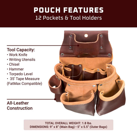 Open view of Left Handed 3 Pouch Pro Tool Bag With Tape Holder 11 Pockets And Tool Holders Heavy Duty Carpenters Organizer For Hammer Level Pencils And Tape Measures Made In USA, showing pockets and tool capacity description.