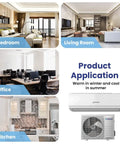 No Sweat Ductless Mini Split Air Conditioner And Heat Pump 18000 Btu in bedroom, living room, office, and kitchen settings.