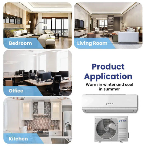No Sweat Ductless Mini Split Air Conditioner And Heat Pump 18000 Btu in bedroom, living room, office, and kitchen settings.