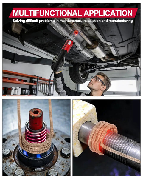 Kick Seized Bolts Loose With This 1300W Magnetic Induction Heater Featuring Five Quick Swap Coils For Lightning Fast Heating And Effortless Rusty Nut Extraction In Your Garage Or Workshop, displayed in use under a vehicle.