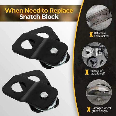 Heavy Duty 8000 Lbs Winch Snatch Block For ATV UTV Universal Fit 3/16 To 5/16 Inch Cable Black Coated Pulley Block 2 Pack showing damaged parts and replacement use