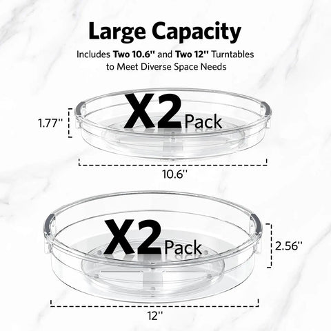 4 Pack Lazy Susan Organizer Set with Two 12 Inch High Edge Turntables and Two 10.6 Inch Turntables showing size measurements.