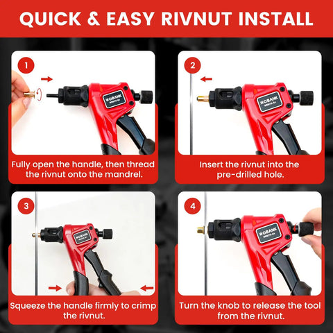 Quick install steps with One Hand Rivet Nut Tool Kit All In One For Tight Spaces With 8 Inch Tool And 160 Nuts