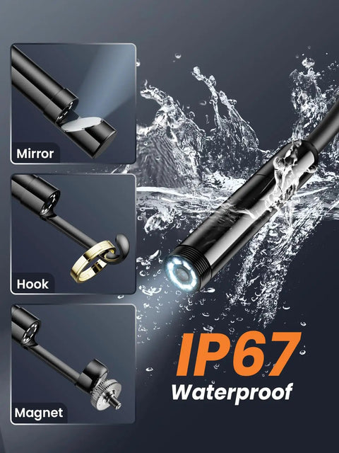 Endoscope Cam With Light 1920P Borescope Eight LED Lights 33 Ft Semi-Rigid Snake Inspection Camera IP67 Waterproof in water