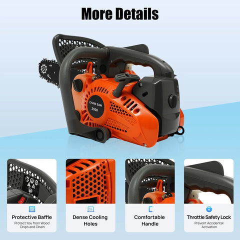 12 Inch Top Handle Gas Chainsaw With Quick Start 25.4cc 2 Stroke Petrol Power showing protective baffle and cooling holes.