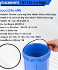 Hand holding Buna-N O-ring over blue water filter housing, compatible with several filter models, Replacement 151122 O-rings