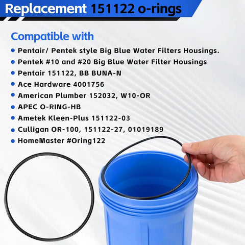 Hand holding Buna-N O-ring over blue water filter housing, compatible with several filter models, Replacement 151122 O-rings