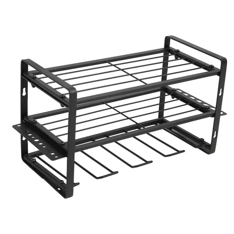 Heavy Duty Wall Mounted Drill Rack Black Steel Tool Holder Featuring 150 Pound Load Rating Quick Screw Assembly System For Garages And Shops, side view of tool holder.