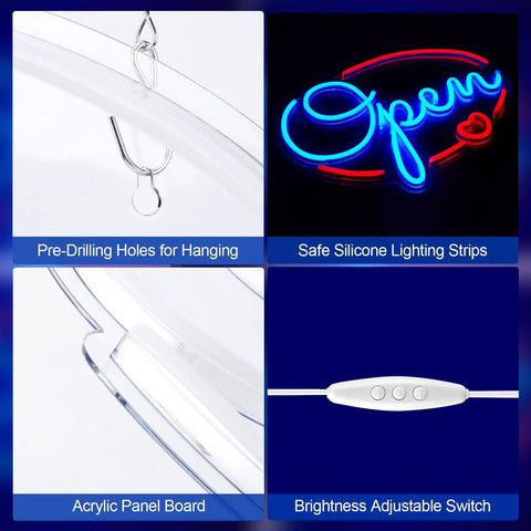 Open Sign For Business 16x12 Inch LED Neon Sign USB Powered Brightness Adjustable with hanging holes and switch