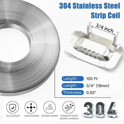 304 Stainless Steel Banding Kit With Tensioner And Cutter For Secure Packaging A Heavy Duty Strapping Tool That Delivers Easy Tensioning And Precise Cutting With A Ratchet Lock For A Firm Secure Grip. 304 stainless steel strip coil with 3/4 inch buckle