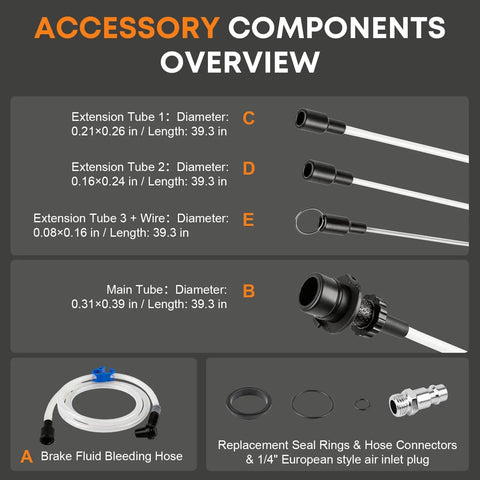 Gearhead Ready Dual Mode 6.5L Oil Extractor Pump accessory components including extension tubes, brake bleed hose, and connectors.