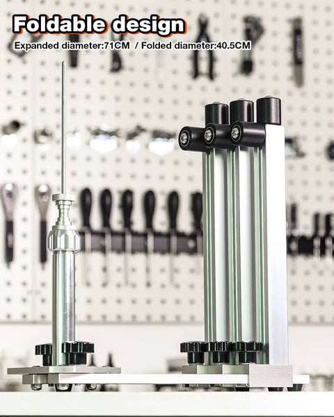 360 Degree Rotating Wheel Truing Stand For Bike Repair, Rim Safe Contact, Foldable design with compact storage features.