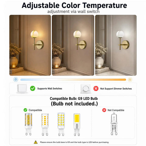 Adjustable color temperature display for 10 in Alabaster Wall Sconces Set of Two, Natural Marble Globe Wall Light