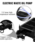 Low Profile 25 Gallon Oil Drain Pan With 110V High Flow Electric Pump and 7.2 ft hose, featuring a copper motor on rolling cart