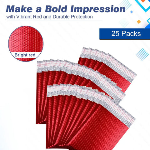 Stack of Metallic Matte Red Bubble Mailers 4 By 8 Inch Padded Envelopes With Secure Self Seal Closure, pack of 25.