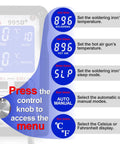 Close-up of 2 In 1 Hot Air Rework And Soldering Iron Station LCD menu with instructions for temperature settings and modes.