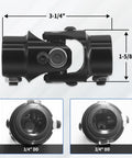 Three Quarter Inch Double D Steering Shaft Universal Joint Built Tough With Powder Coated Black Finish, Three And One Quarter Inch Overall Length, One And Five Eighths Inch Outside Diameter, Thirty Five Degrees Working Angle, Four Thousand RPM, No Splines shown with dimensions.