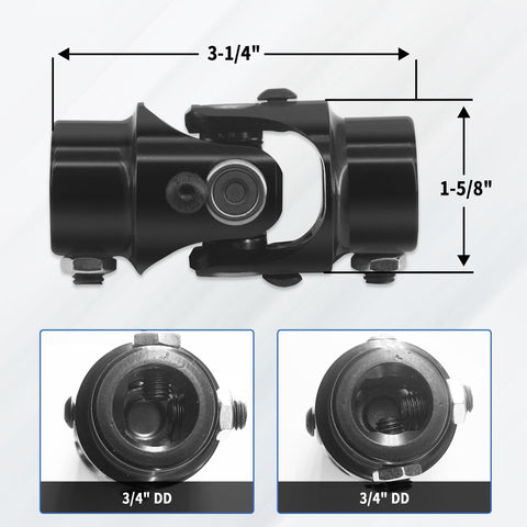 Three Quarter Inch Double D Steering Shaft Universal Joint Built Tough With Powder Coated Black Finish, Three And One Quarter Inch Overall Length, One And Five Eighths Inch Outside Diameter, Thirty Five Degrees Working Angle, Four Thousand RPM, No Splines shown with dimensions.