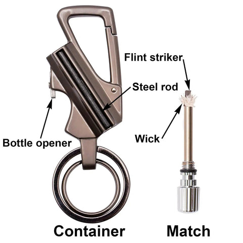 Permanent Match Bottle Opener Keychain, Reusable Survival Fire Starter Striker Lighter, Waterproof Strike Anywhere Kit, Emergency Camping Gear For Outdoors And Emergencies, Charcoal Finish with labeled parts