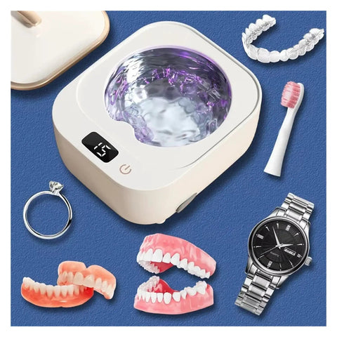 Slick White Ultrasonic Denture Washing Pod For Clear Retainers And Dainty Jewelry Fast Vibration Cycle with dental tools.