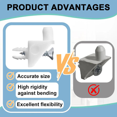 Image comparing Twenty Piece Set Of White Shelf Support Pins And Replacement Brackets With Self Tapping Screws for rigidity and flexibility.