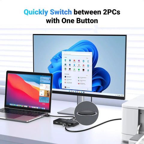 USB Switcher for Two Computers Share Four USB 2.0 Peripherals With One Button Swap Hub setup with monitors and laptops