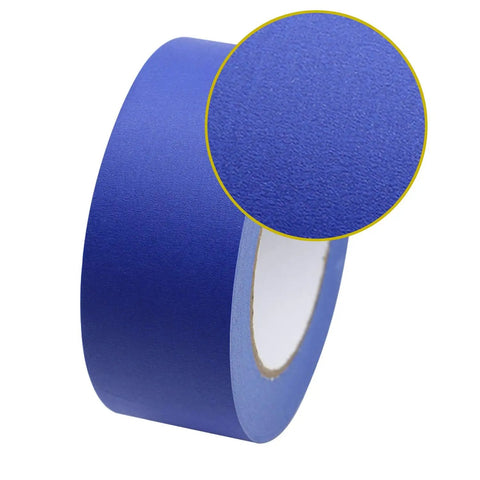 Close-up of a roll of blue painter’s tape showing texture detail. Blue Painters Tape Set With Four Sizes One Half Inch, Three Quarter Inch, One Inch And Two Inch, 60 Yards Each, Clean Release Masking Tape For Home And Office, Easy Tear, Great For Sharp Lines On Walls, Glass, Wood And More.