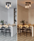 Three Light Industrial Farmhouse Black Matte Ceiling Light Fixture With Clear Glass Shades Semi Flush Mount in kitchen setting.