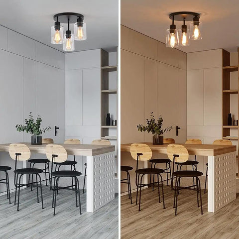 Three Light Industrial Farmhouse Black Matte Ceiling Light Fixture With Clear Glass Shades Semi Flush Mount in kitchen setting.