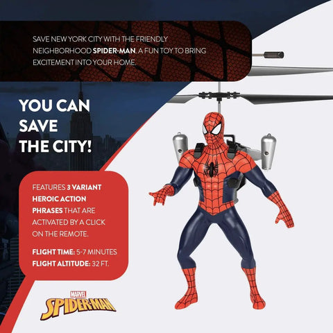 Spider Man Infrared RC Helicopter Jetpack Flying Figure with LED lights and twin rotors on display