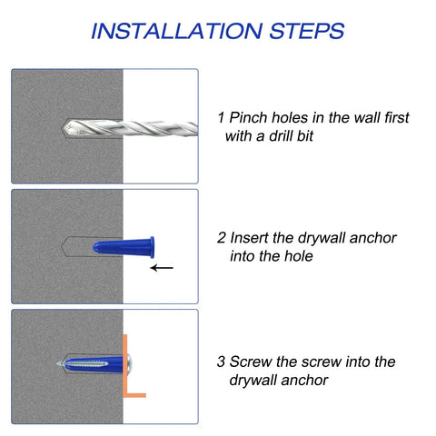 Installation steps for All In One Concrete Anchors And Screws Kit With 201 Pcs featuring drill bit, anchor, screw.
