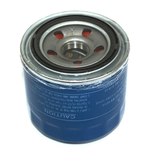 Close-up of a single blue oil filter from a 10 Piece Oil Filter And Gasket Set With Plugs Meets OE Specifications Direct Fit For Hyundai And Kia Engines Interchangeable With OE 26300 35505 And 21513 23001, showing metal top and rubber seal