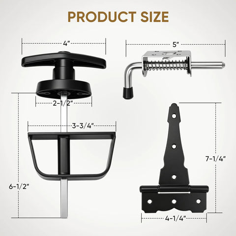 Heavy Duty Shed Door Hardware Kit With 6.5 Inch T Handle Lock Black Powder Coat 6 Anti Sag Hinges 2 Barrel Bolts For Outdoor Sheds Barns And Wooden Fence Gates Built Tough For Lasting Security And Easy Use. product size chart