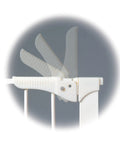 Close-up of Easy Install No Tools Baby Gate For Doorways With Visual Pressure Indicator, showing one hand operation latch mechanism.