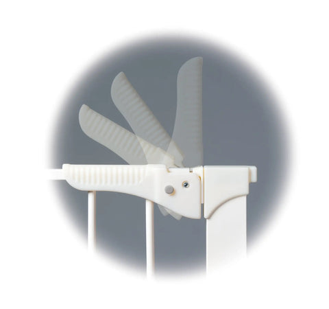 Close-up of Easy Install No Tools Baby Gate For Doorways With Visual Pressure Indicator, showing one hand operation latch mechanism.