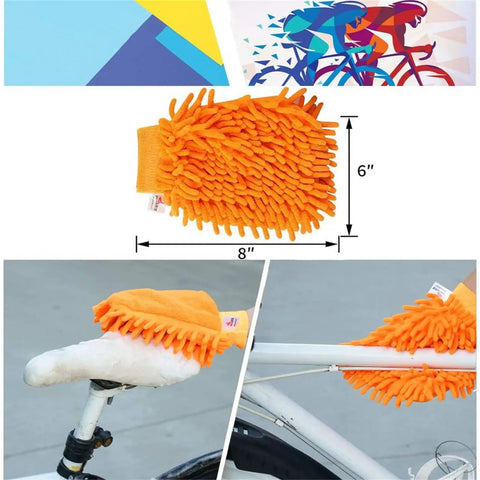 All-In-One 9-Piece Bike Cleaning Kit with Clean Mitt for Mountain, Road, MTB, BMX Bikes, orange mitt on bike frame and seat.