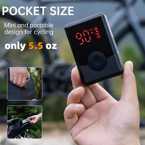 On The Go Portable Electric Mini Bike Pump With 130 PSI Gauge Auto Stop Digital Pressure Display in hand