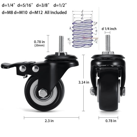 Heavy Duty Rolling Casters With Seven Universal Thread Stems For Wire Shelving Metal Carts And Furniture That Roll Smooth As Butter And Rock Your Heavy Gear Every Time You Move Em Around The House, featuring four wheels and multiple stem sizes.