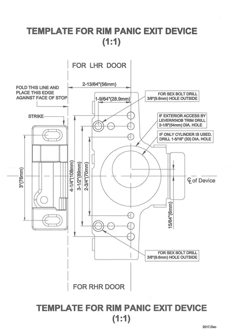 Template for 32 Inch Panic Bar Exit Device With Exterior Lever Lock ANSI Grade 1 UL Listed Aluminum Finish Installation Guide